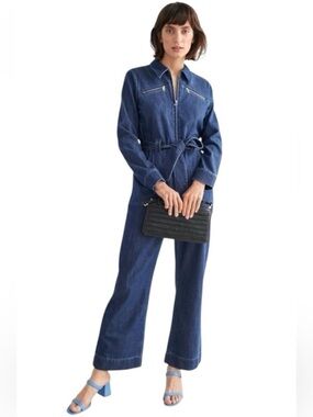 & Other Stories Dark Wash Denim Jumpsuit Belted Zip Front Wide Leg Size 2